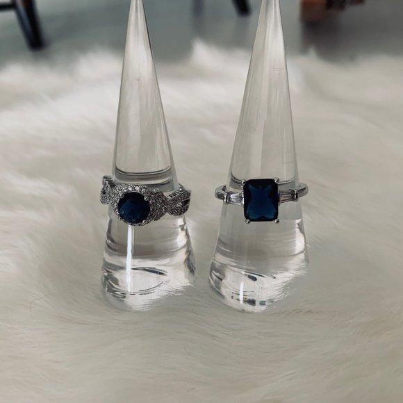 Two Silver Tone Fashion Rings with Blue and Clear Stone - Rectangle and Round - Picture 1 of 16